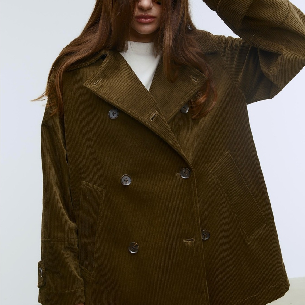 STRADIVARIUS REGULAR FIT OLIVE CORDUROY DOUBLE BREASTED COAT ~NWT~SZ. LARGE